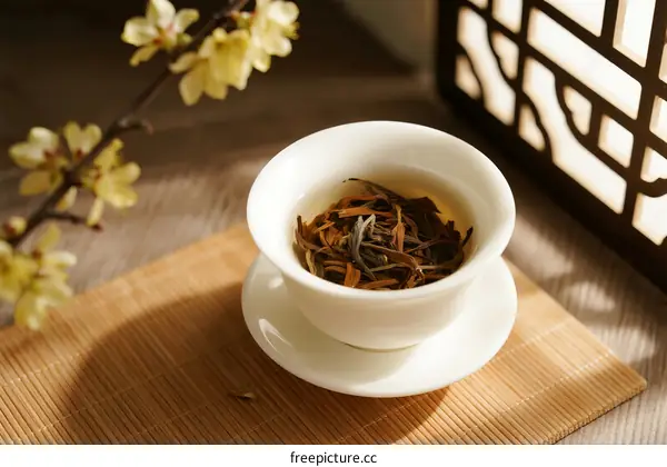 A Cup of Chinese Black Tea with Fresh Yellow Flowers on Table