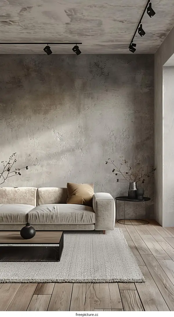 Modern minimalist living room interior with sofa, coffee table, vase, and rug