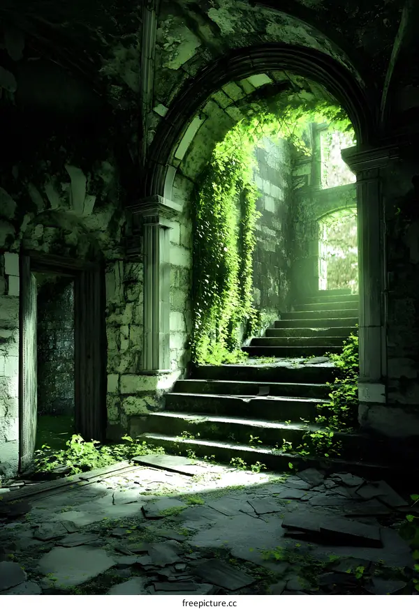 Overgrown Ruins Stone Archway Stairs