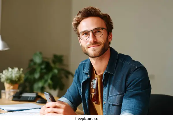 Caucasian Man in Office Setting with Phone