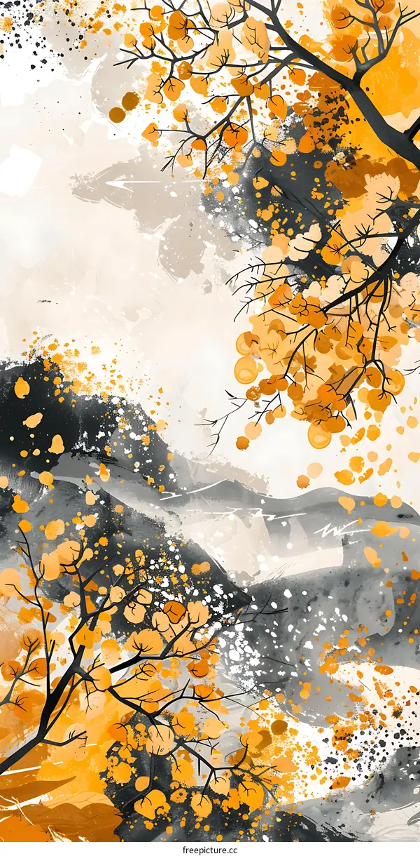 Abstract Landscape Painting with Golden Leaves