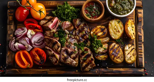 Grilled steak with vegetables and herbs