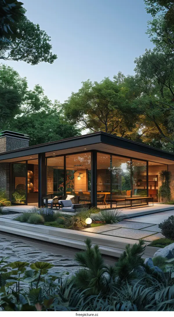 Modern Glass House with Green Landscape