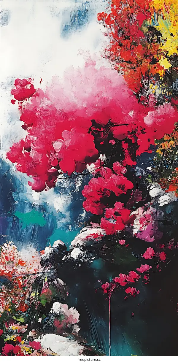 Abstract Oil Painting with Pink and Red Flowers