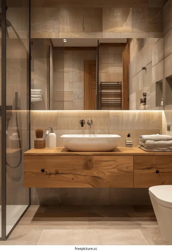 Modern Wooden Bathroom Vanity with Light Beige Tiles
