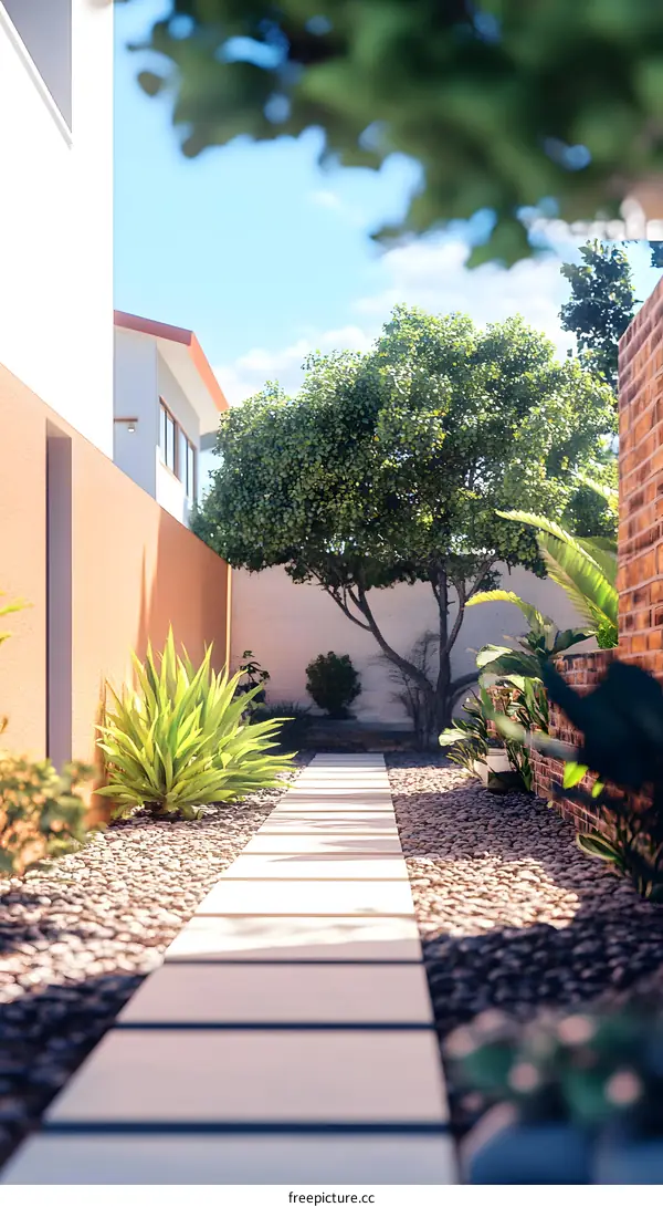 Stone Pathway in a Lush Garden Backyard