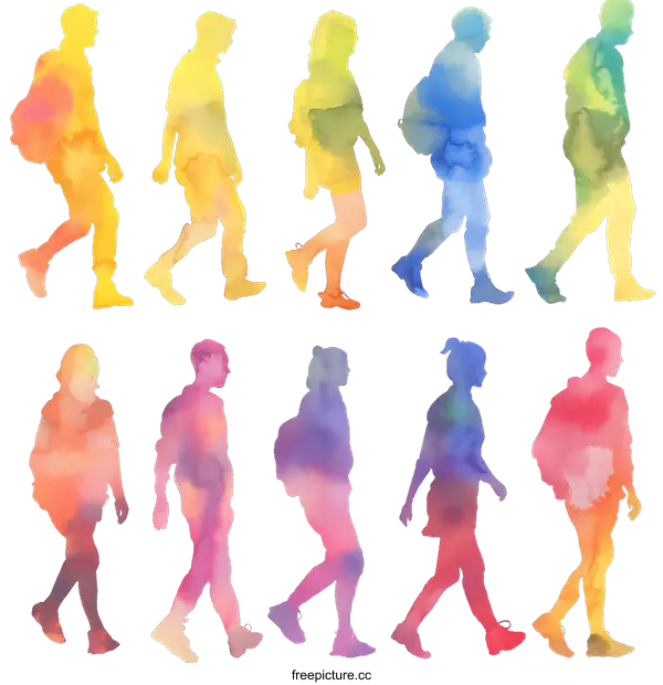 [Transparent Background PNG]Watercolor Silhouettes of People Walking
