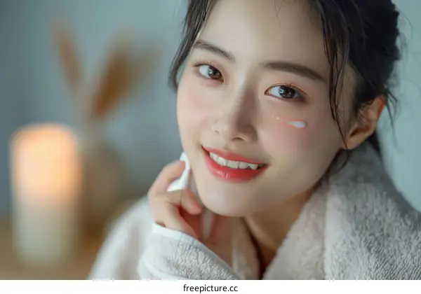 Close-up of a young Asian woman applying facial cream