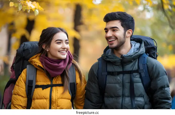 Smiling Couple Walking In Forest During Autumn