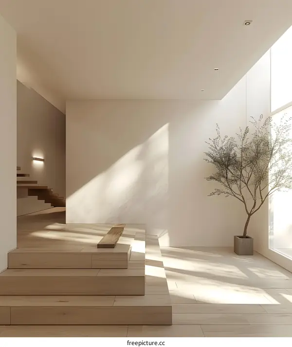 Minimalist Interior Design with Wooden Stairs and Sunlight