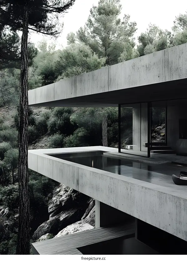 Modern Concrete House with Swimming Pool and Forest View