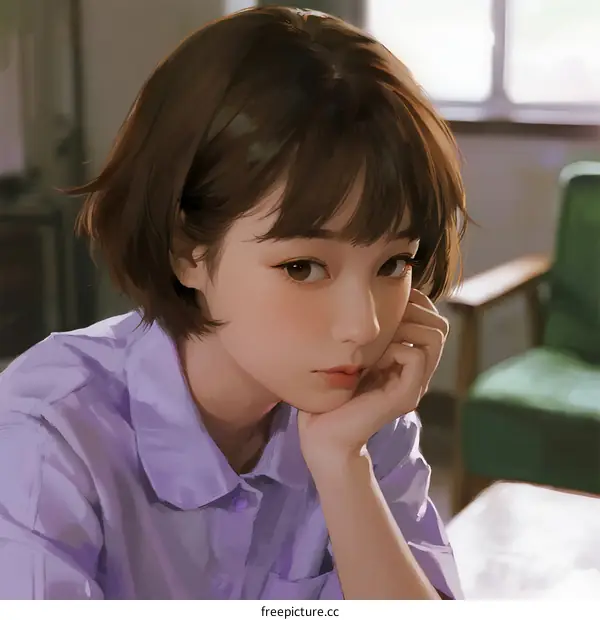 A Young Woman with Short Hair Leaning on Hand Indoors