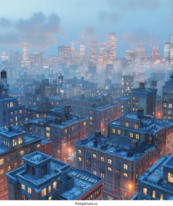 Digital Night Cityscape Painting with Blue Hues