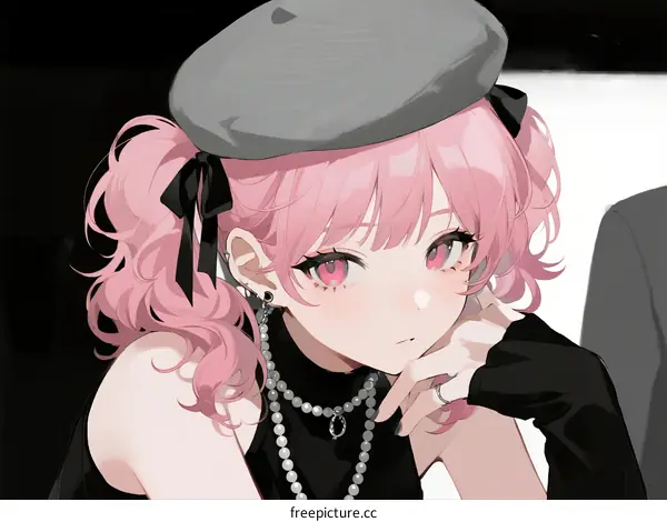 Pink Haired Girl Wearing Gray Beret and Pearl Necklace