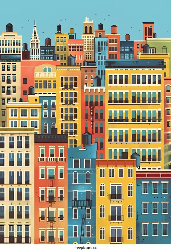 Colorful Cityscape Illustration with Many Windows