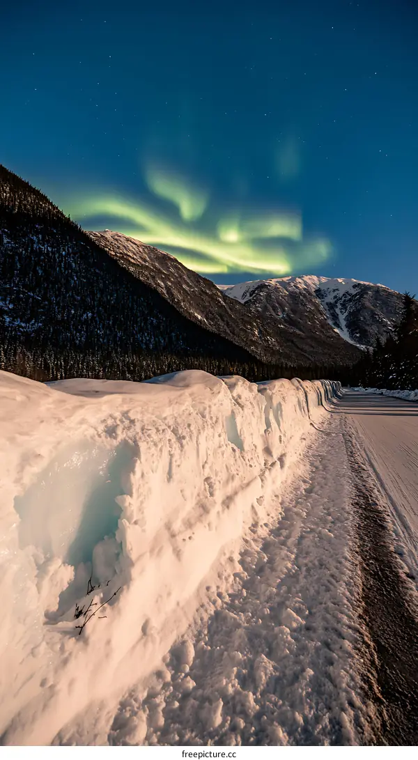 Northern Lights Over Snowy Mountain Range