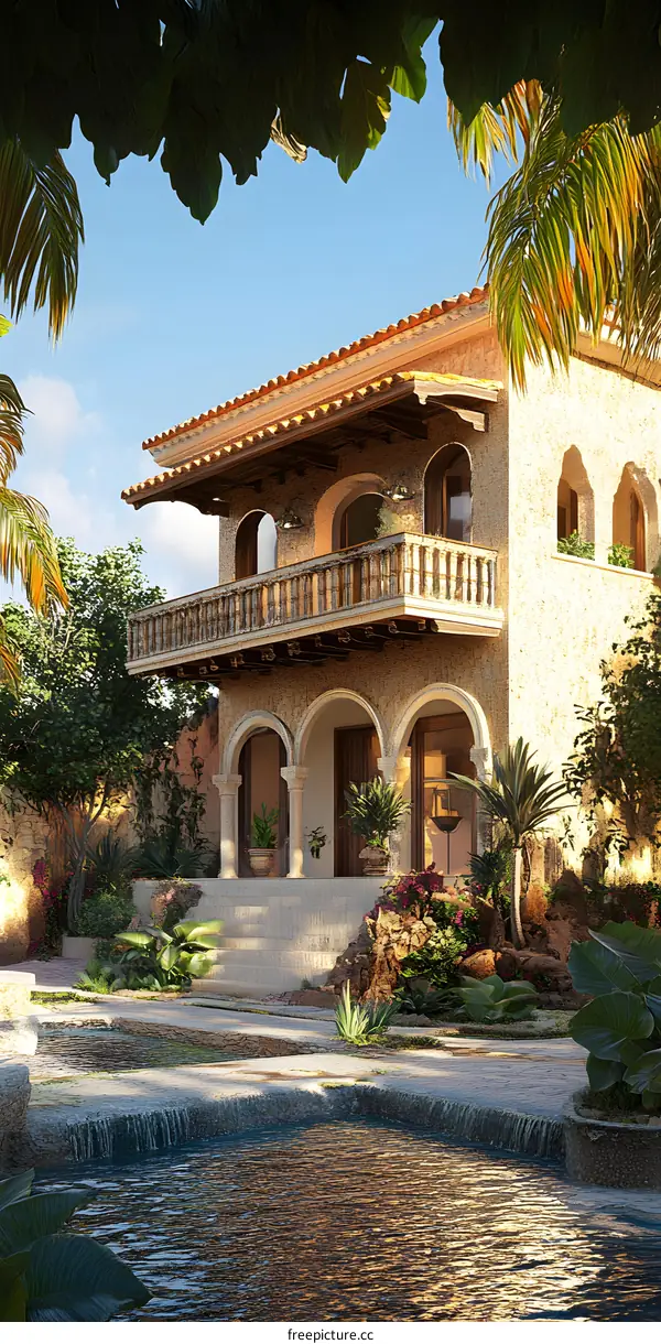 Mediterranean Style Villa with Pool and Lush Greenery