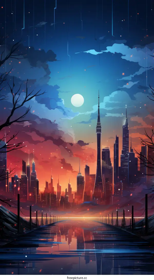 City skyline under a full moon with a blue and orange sky