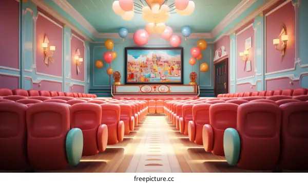 An empty auditorium with pink and blue seats and colorful balloons