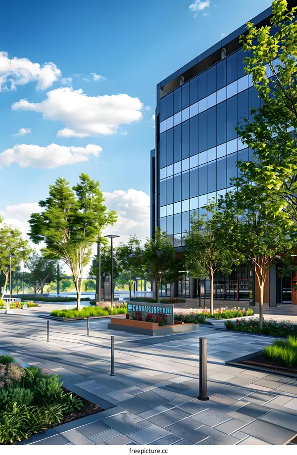 Modern Glass Building Exterior Design With Green Trees