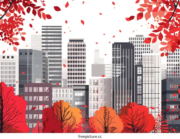 Cityscape with Red Autumn Leaves Illustration