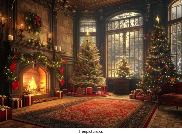 Christmas tree by the fireplace