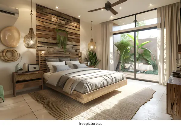 Modern bedroom with wooden wall and large windows