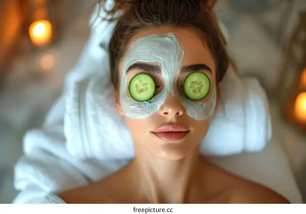 Young woman with facial mask and cucumber slices on her eyes relaxing in spa