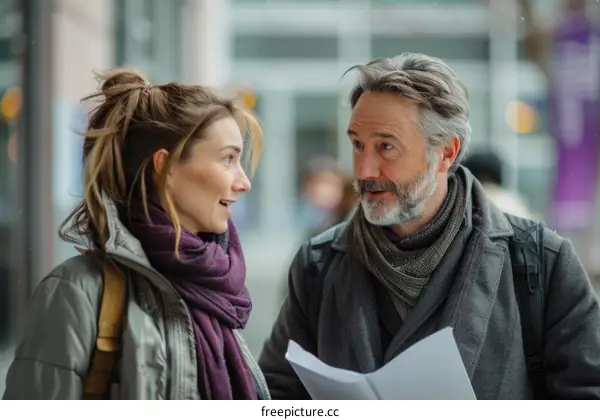 A man and a woman are talking on a city street