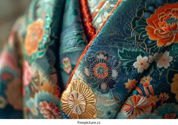 Close-up of a kimono with intricate floral embroidery