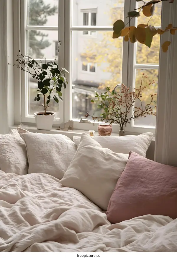 Cozy Bedroom Interior with Beige Bedding and Pillows Near a Window