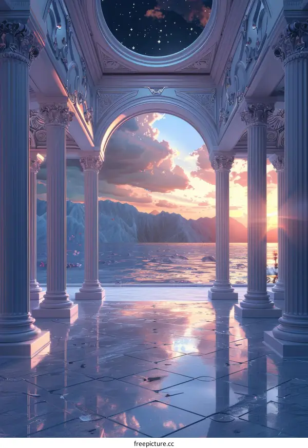 Surreal Sunset Landscape with Colonnade and Ocean View