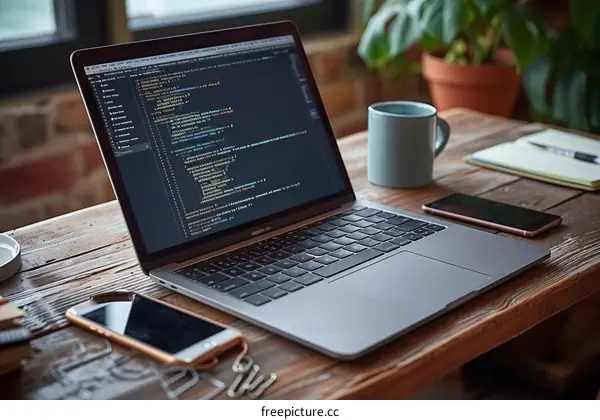 A developer's desk with a laptop, a cup of coffee, a notebook, and a smartphone