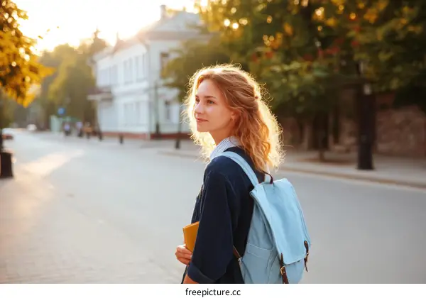 Young Woman Walking Down City Street in the Afternoon Sun