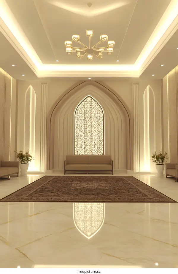 Modern Islamic Interior Design with Arch Window and Chandelier