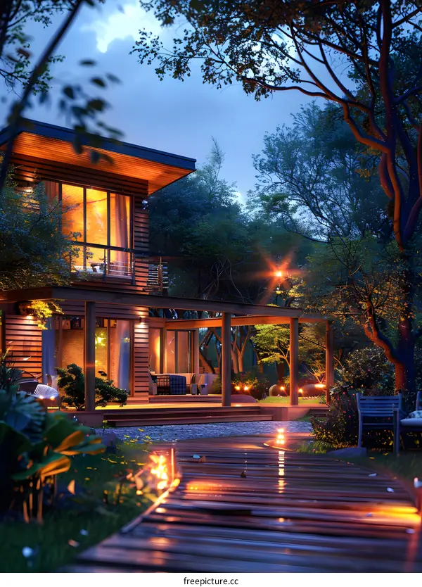 Modern wooden house in the forest at night