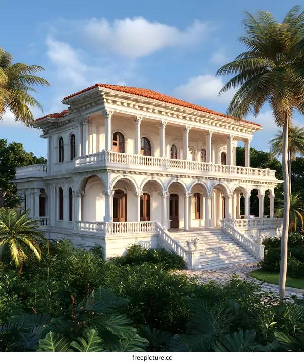 White Colonial Style House with Palm Trees