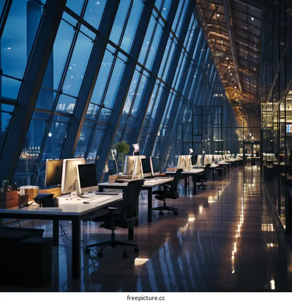 Empty Office Space at Night with Glass Windows