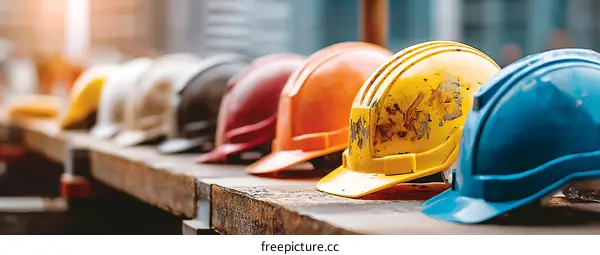 Colorful Construction Hard Hats on Wooden Surface