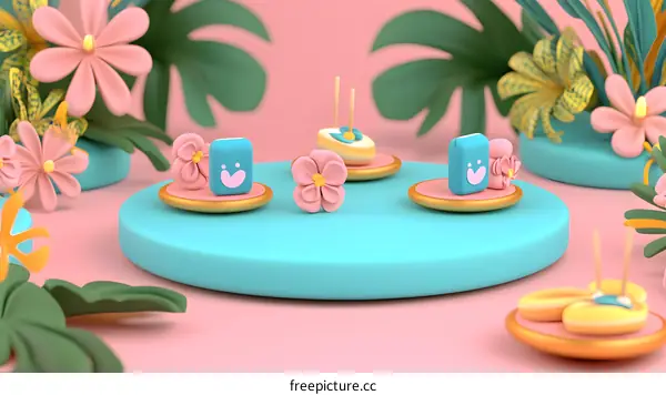 3D Rendered Floral Background with Blue Squares and Pink Flowers