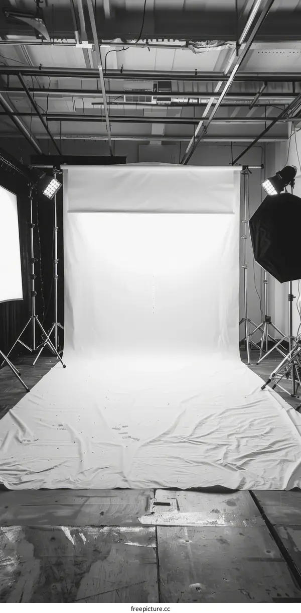 Black and white photo of empty photo studio