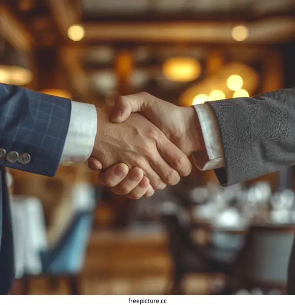 Businessmen shaking hands over restaurant lights background