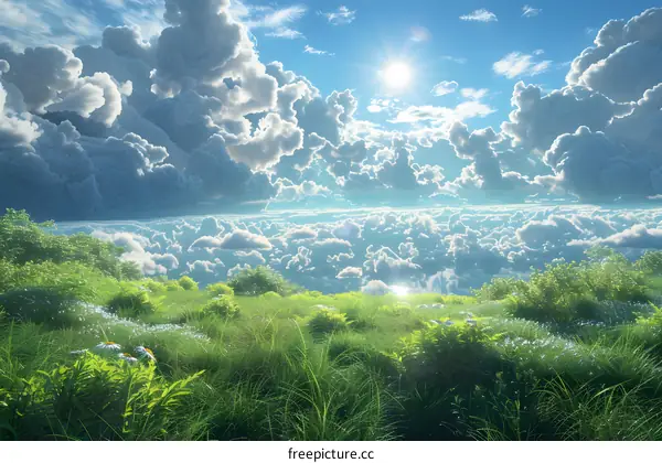 A verdant hill extends into the distance beneath a cerulean sky