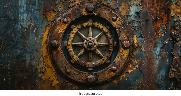 Rusted Metal Door with Circular Plate and Bolts
