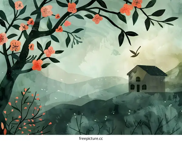 Spring Landscape With Flowers and a House