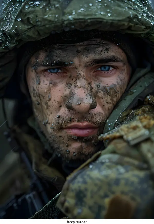 Portrait of a soldier with mud on his face