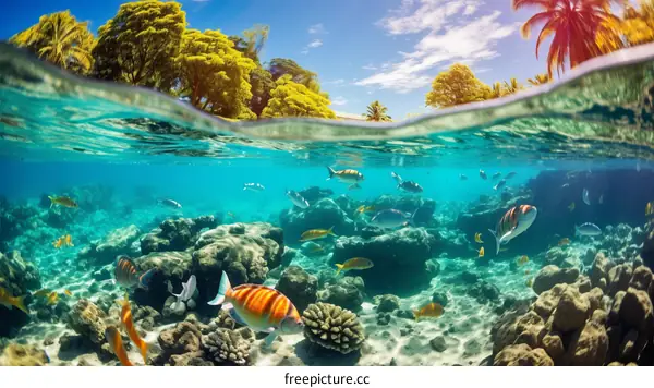 Tropical Fish above Vibrant Coral Reef Under the Sea