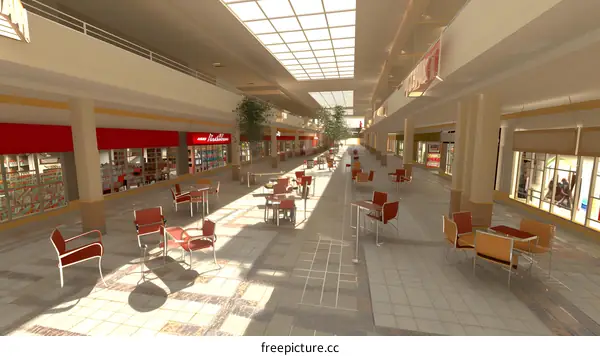 Empty Shopping Mall Interior with Shops and Tables