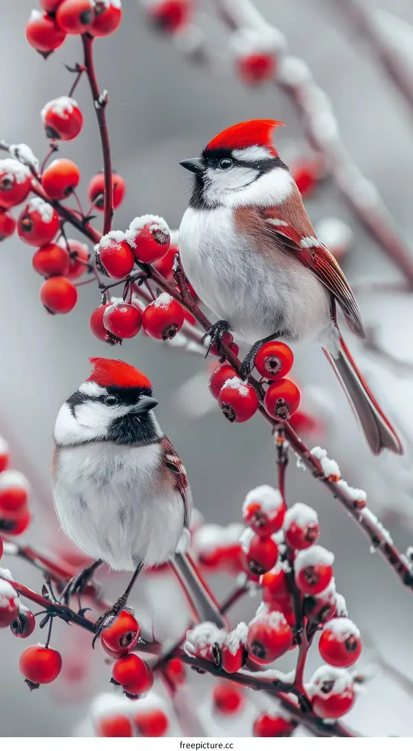 Two birds on a branch with red berries in the snow