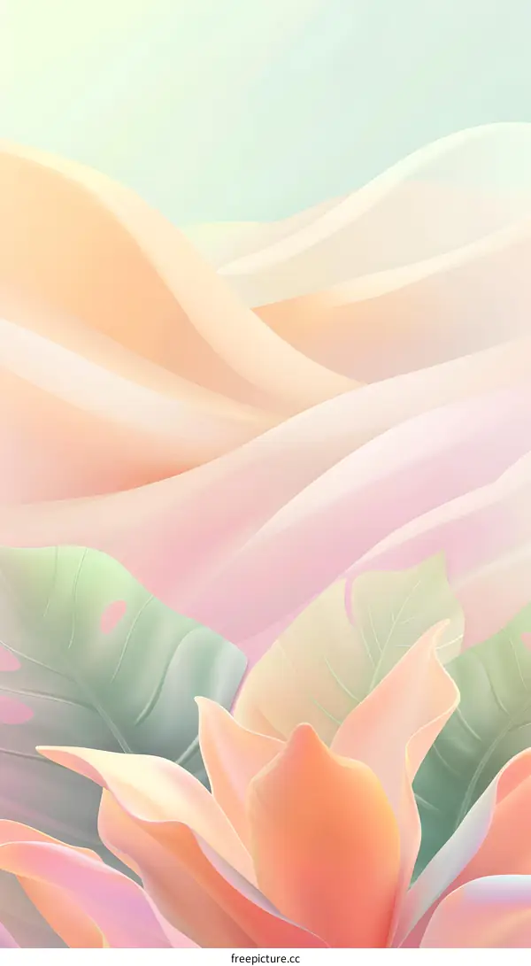 Abstract Pastel Pink and Yellow Background with Green Leaves